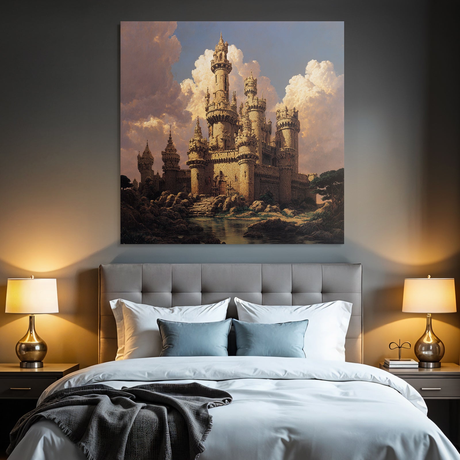 Large Castle with Towers and Cloudy Sky