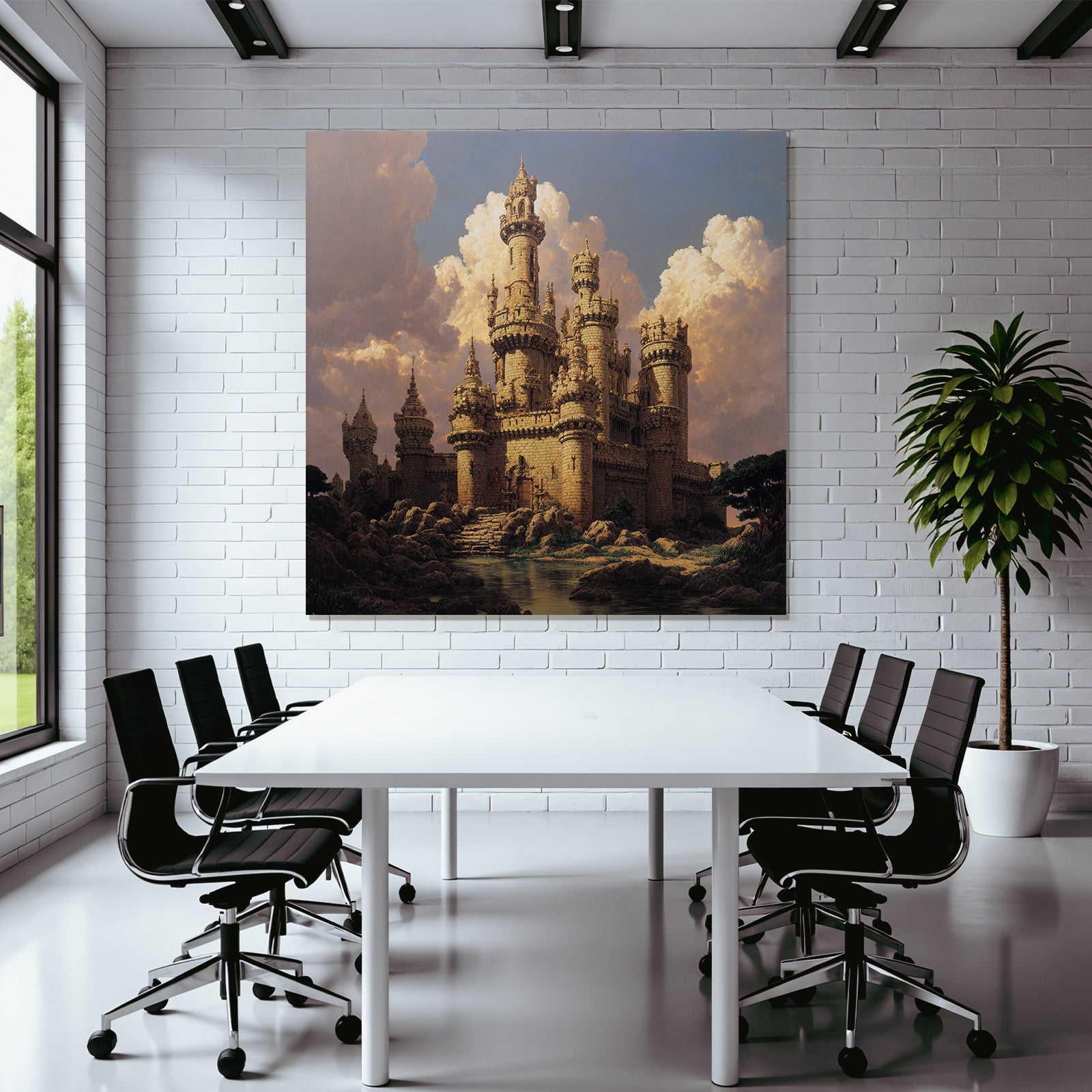 Large Castle with Towers and Cloudy Sky