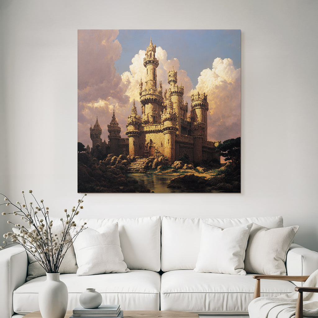 Large Castle with Towers and Cloudy Sky