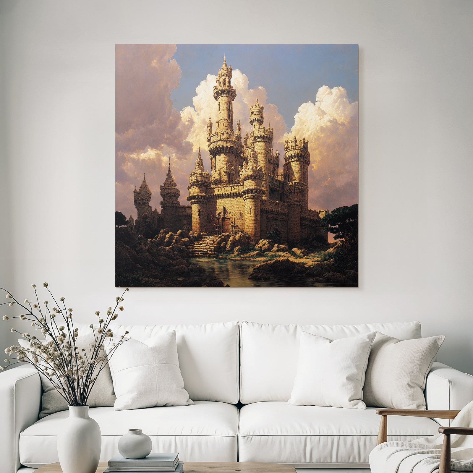 Large Castle with Towers and Cloudy Sky