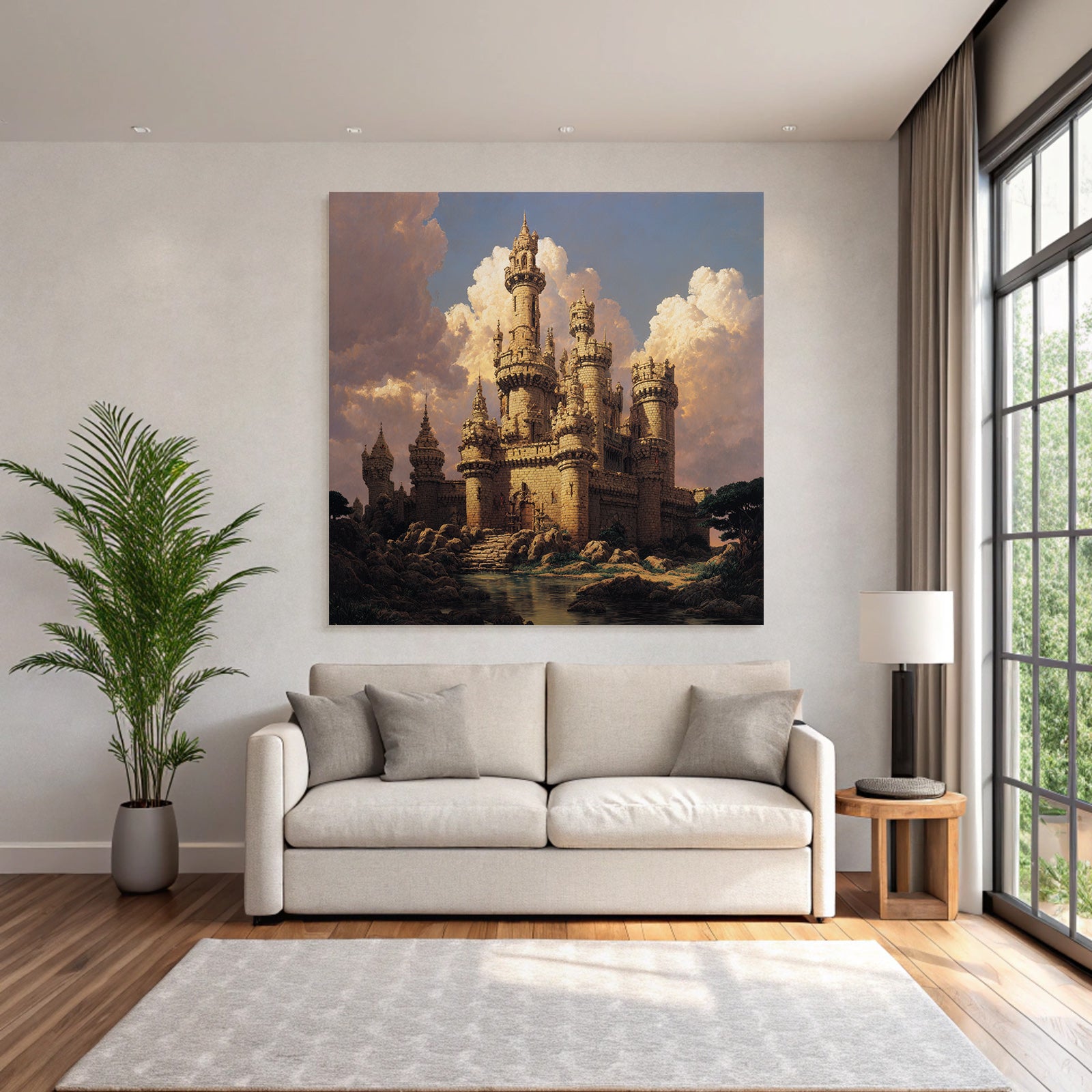 Large Castle with Towers and Cloudy Sky
