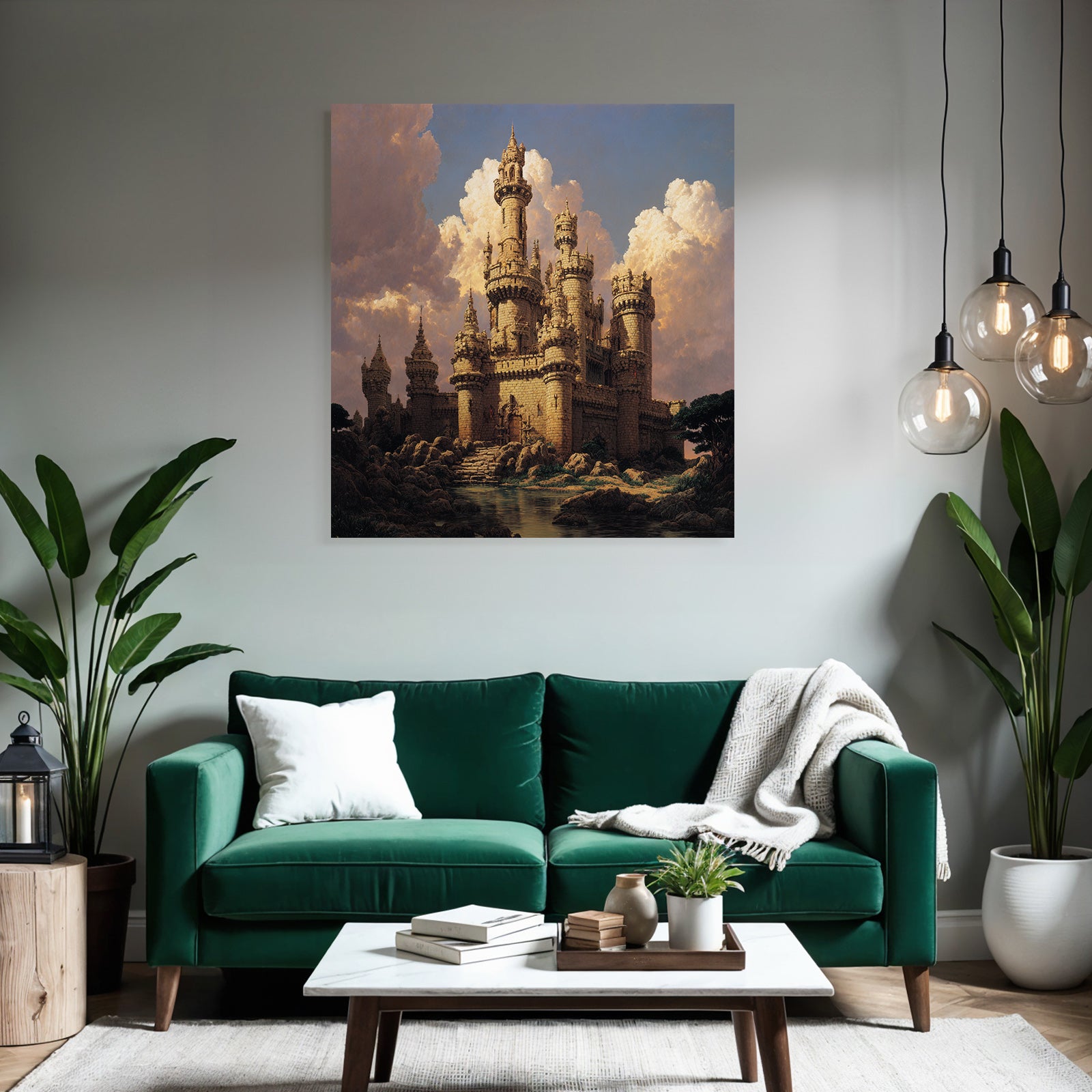 Large Castle with Towers and Cloudy Sky