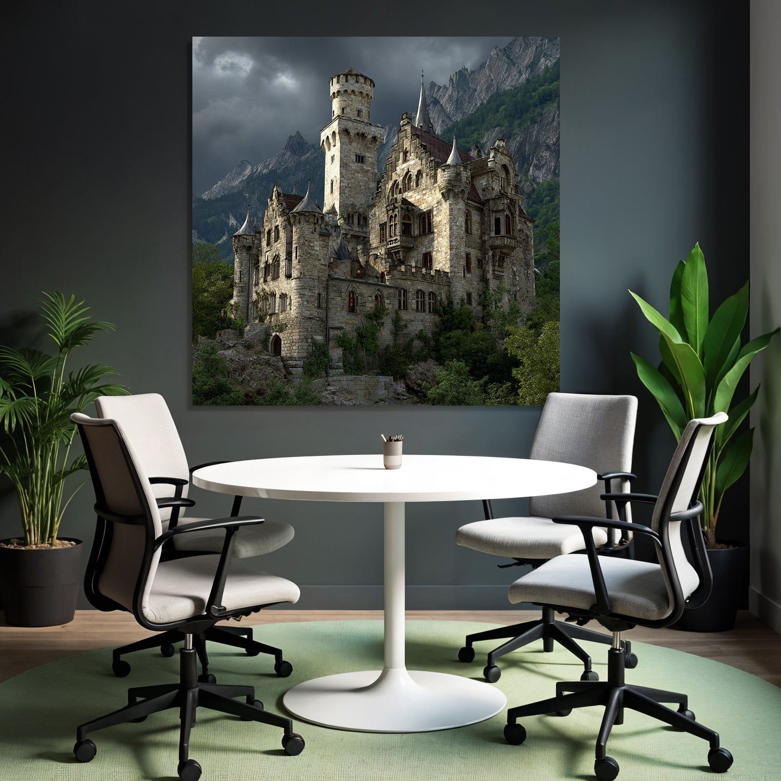 Large Elaborate Stone Castle With Towers Surrounded By Green Background