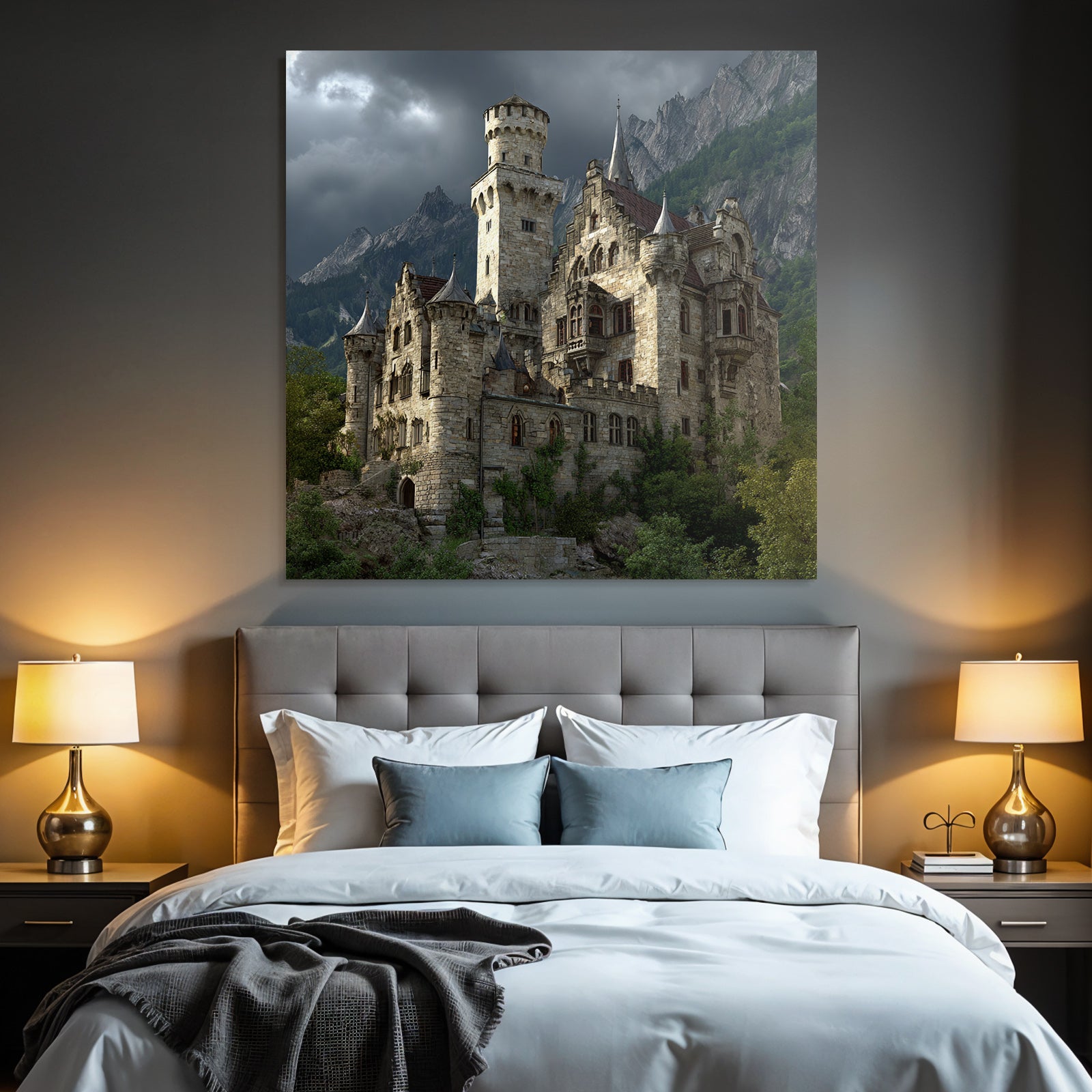 Large Elaborate Stone Castle With Towers Surrounded By Green Background