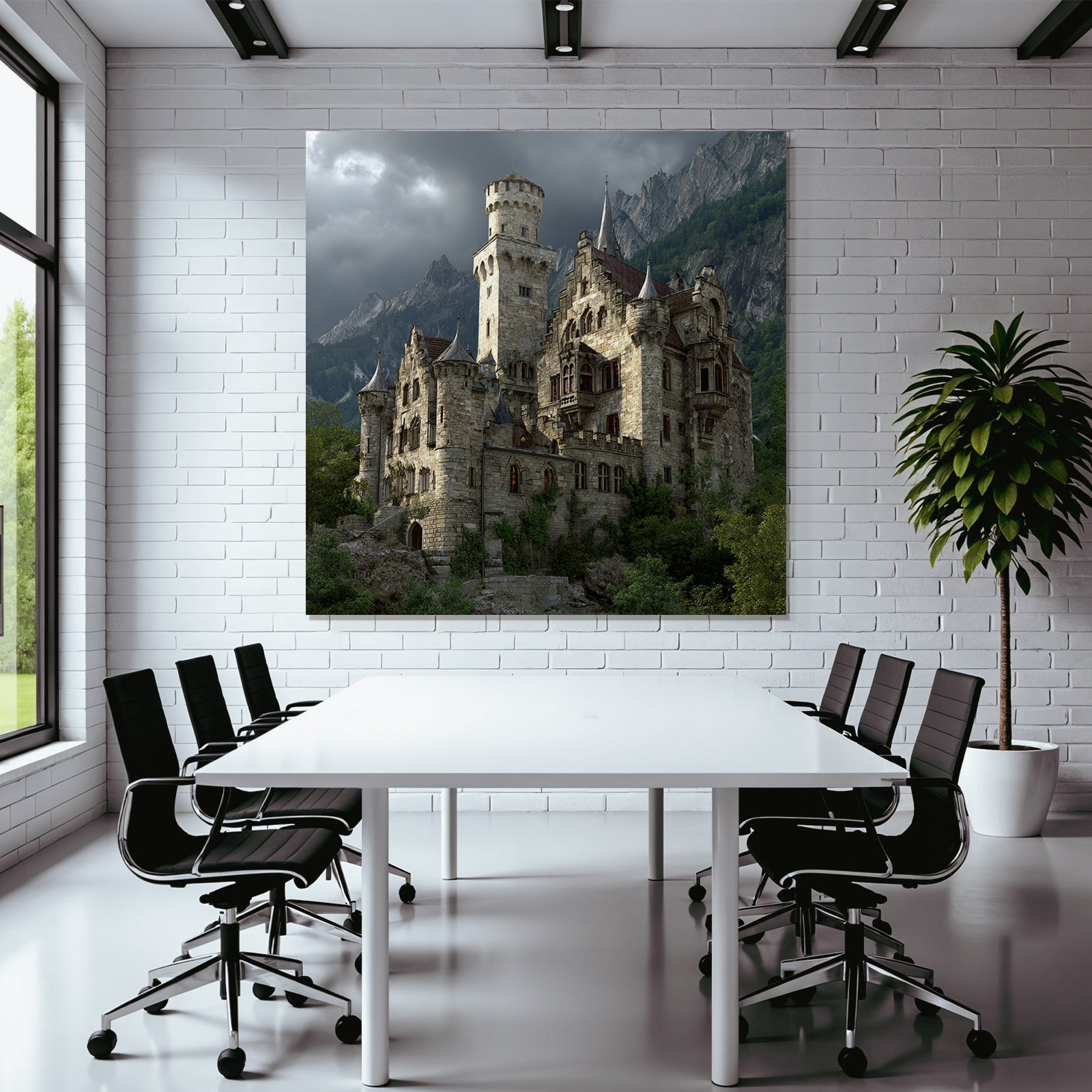 Large Elaborate Stone Castle With Towers Surrounded By Green Background