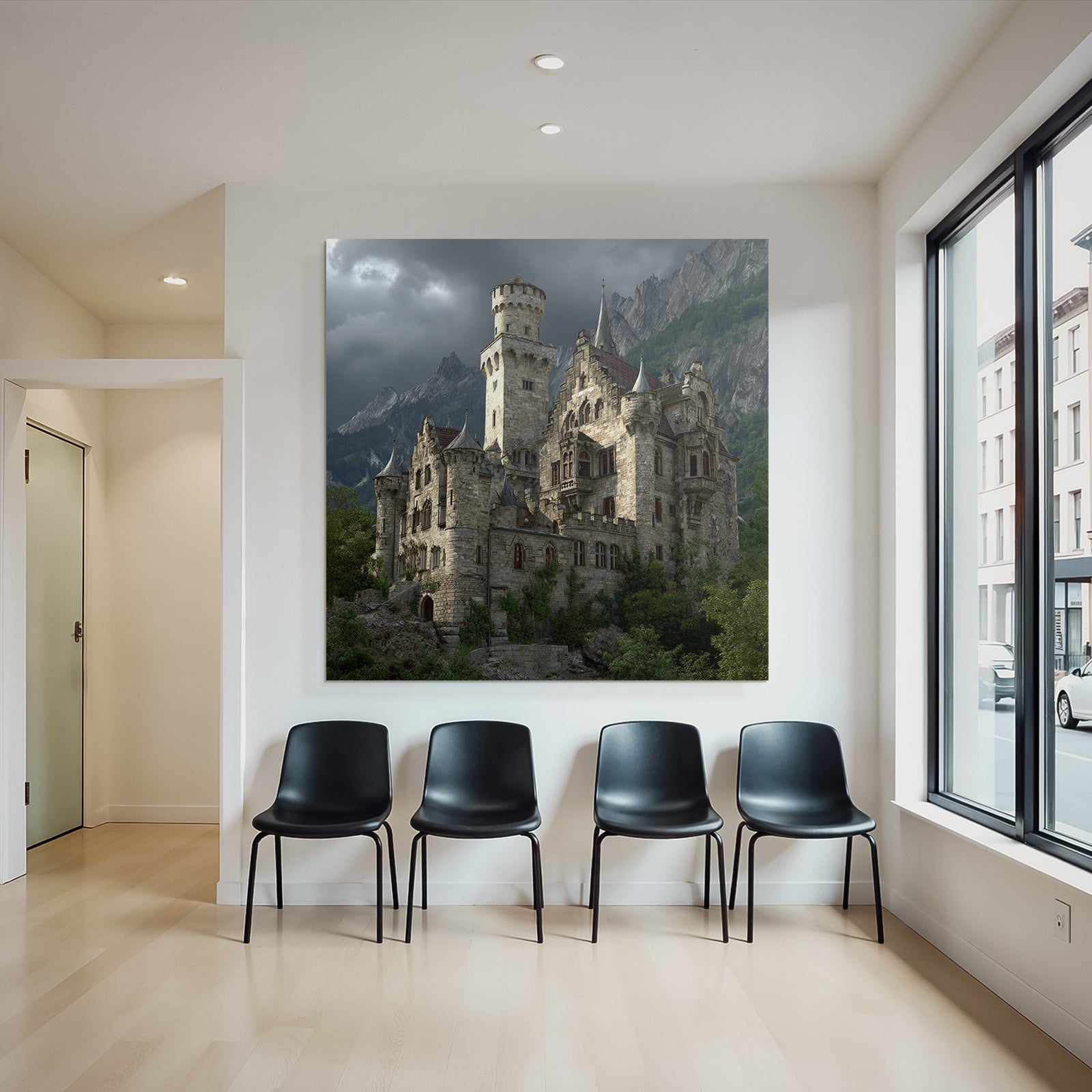 Large Elaborate Stone Castle With Towers Surrounded By Green Background
