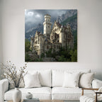 Large Elaborate Stone Castle With Towers Surrounded By Green Background