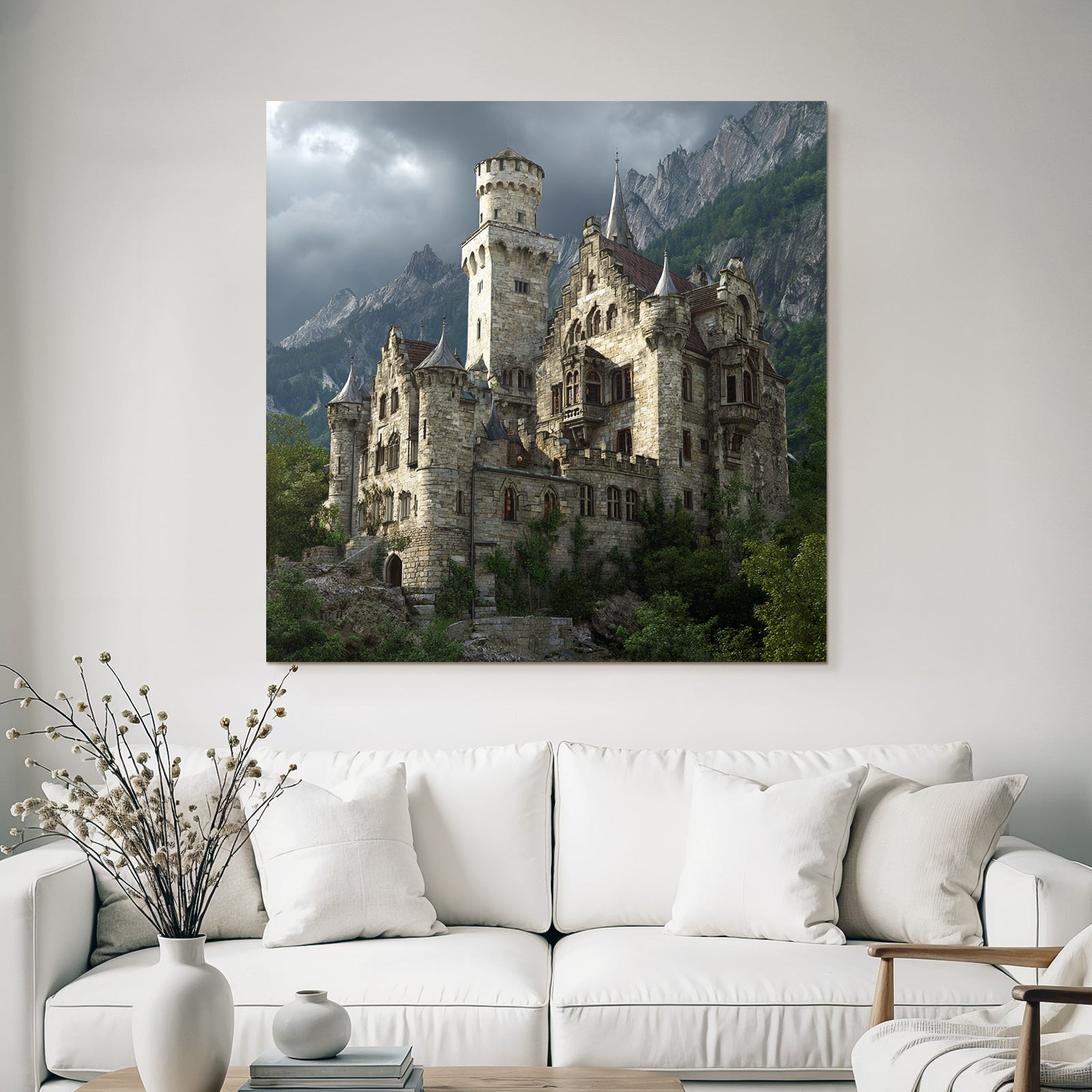 Large Elaborate Stone Castle With Towers Surrounded By Green Background