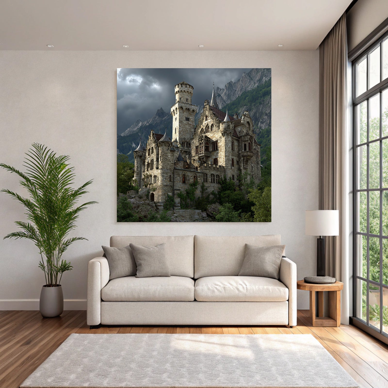 Large Elaborate Stone Castle With Towers Surrounded By Green Background