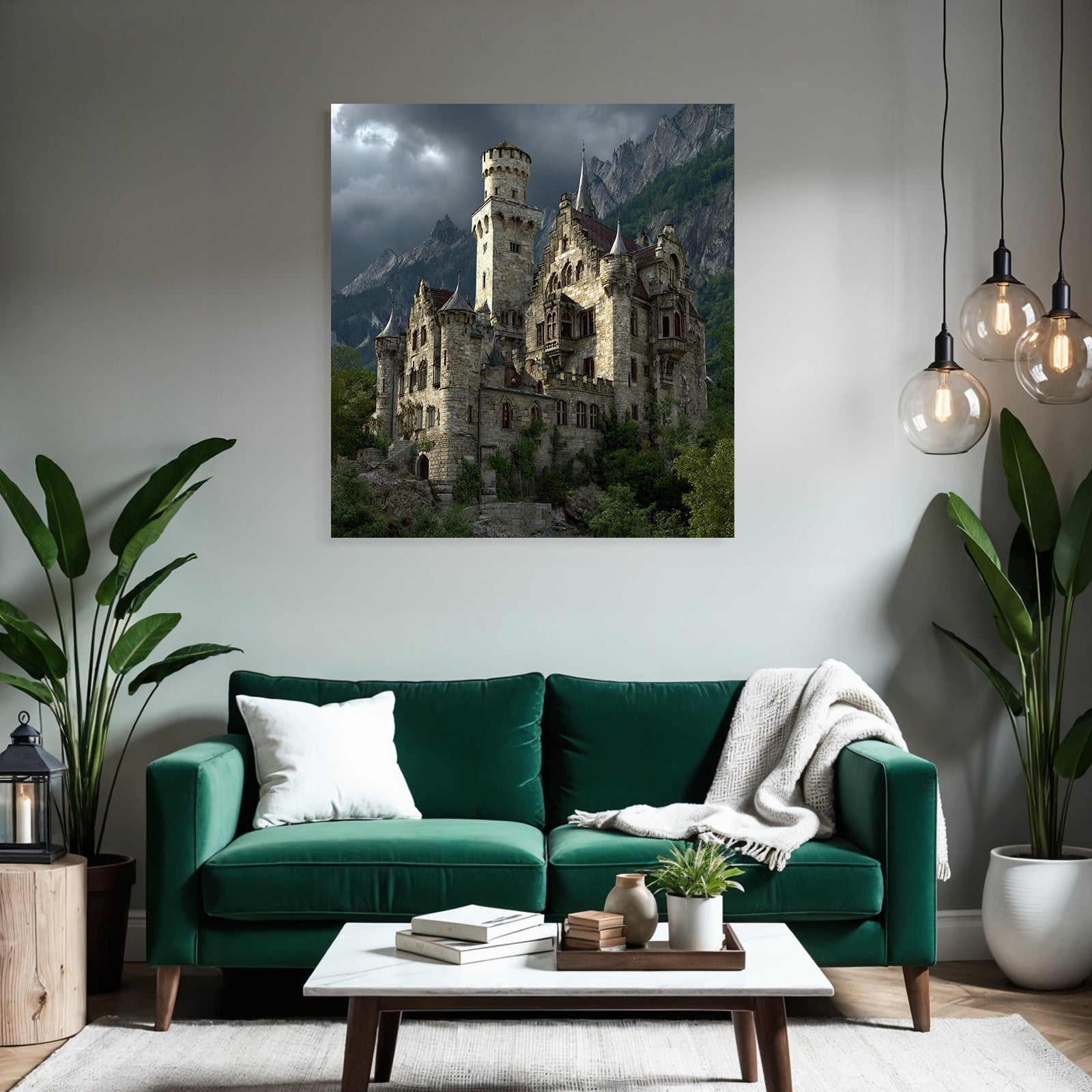 Large Elaborate Stone Castle With Towers Surrounded By Green Background