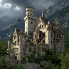 Grosses Elaboriertes Stein Burg Mit Türmen Umgeben Von Grünem Hintergrund | Scloesser und Burgen | Architektur