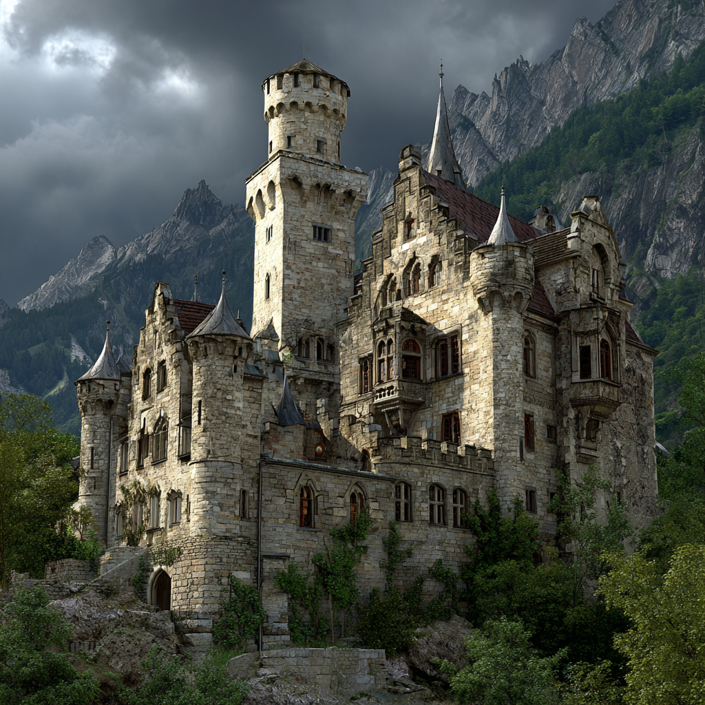 Grosses Elaboriertes Stein Burg Mit Türmen Umgeben Von Grünem Hintergrund | Scloesser und Burgen | Architektur
