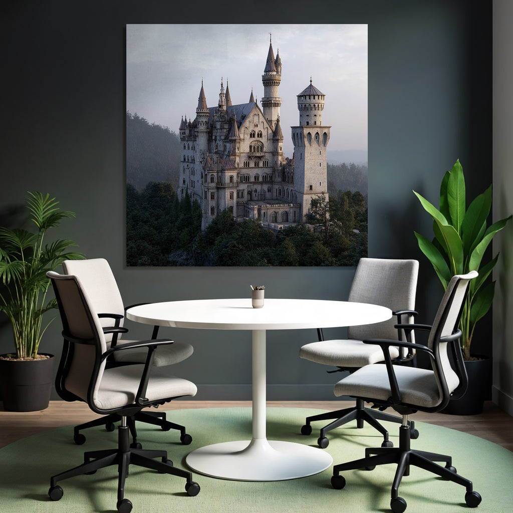 Large ornate castle on a rocky outcrop surrounded by trees and mountains