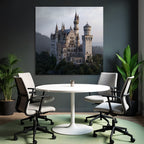 Large ornate castle on a rocky outcrop surrounded by trees and mountains