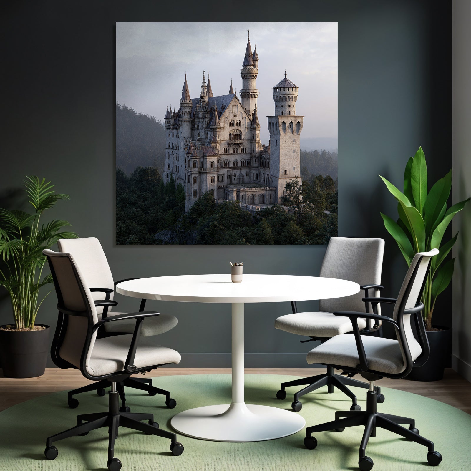 Large ornate castle on a rocky outcrop surrounded by trees and mountains