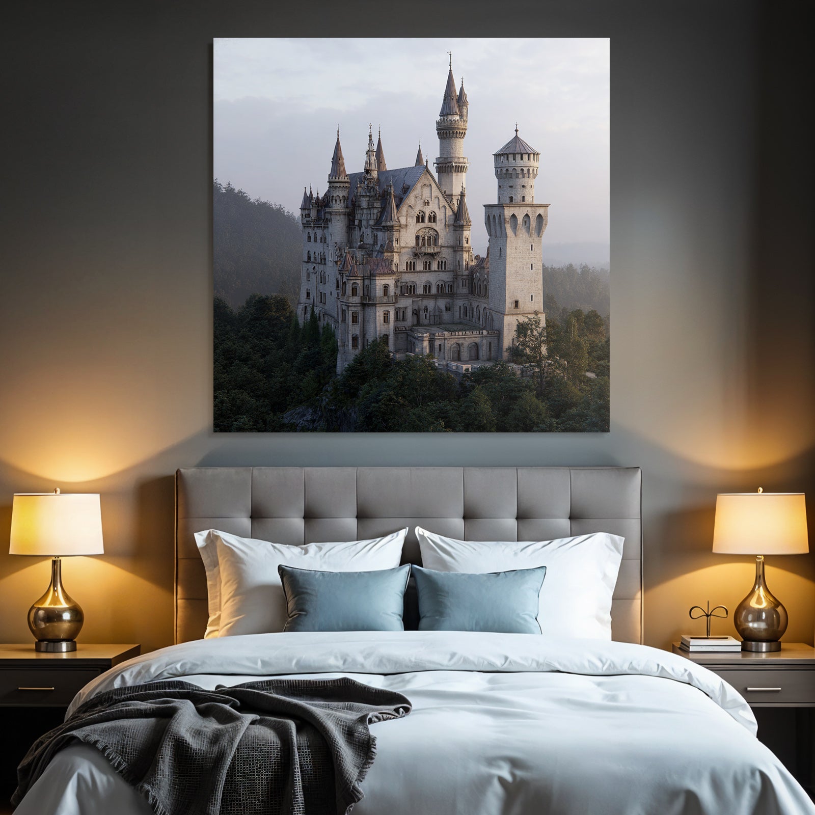 Large ornate castle on a rocky outcrop surrounded by trees and mountains