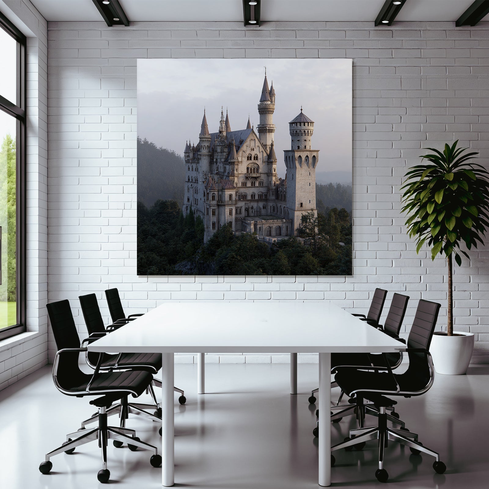 Large ornate castle on a rocky outcrop surrounded by trees and mountains