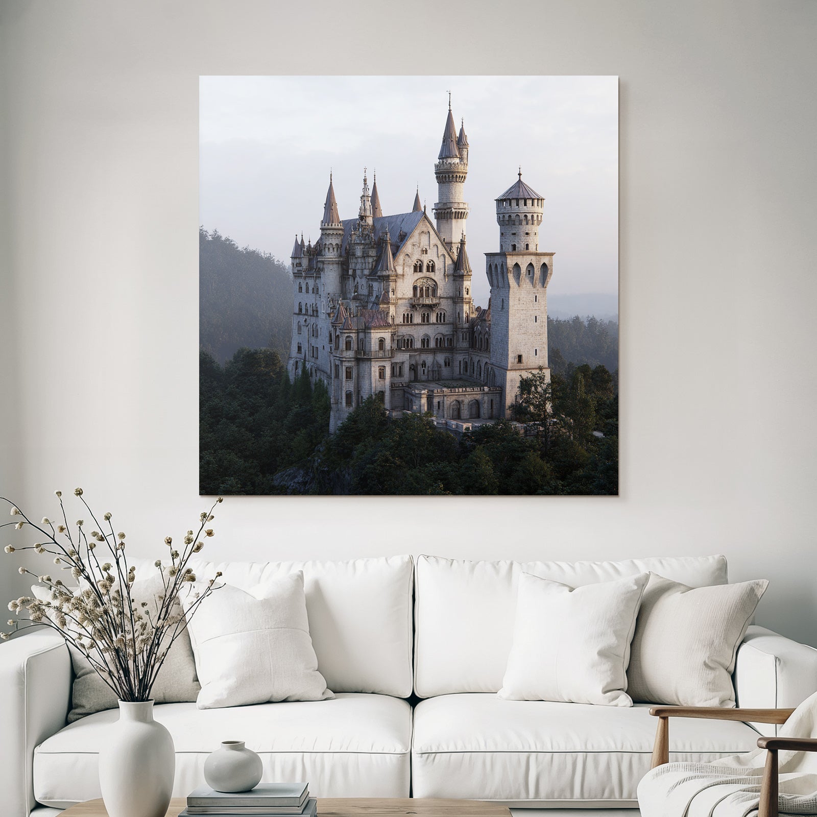 Large ornate castle on a rocky outcrop surrounded by trees and mountains