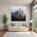 Large ornate castle on a rocky outcrop surrounded by trees and mountains