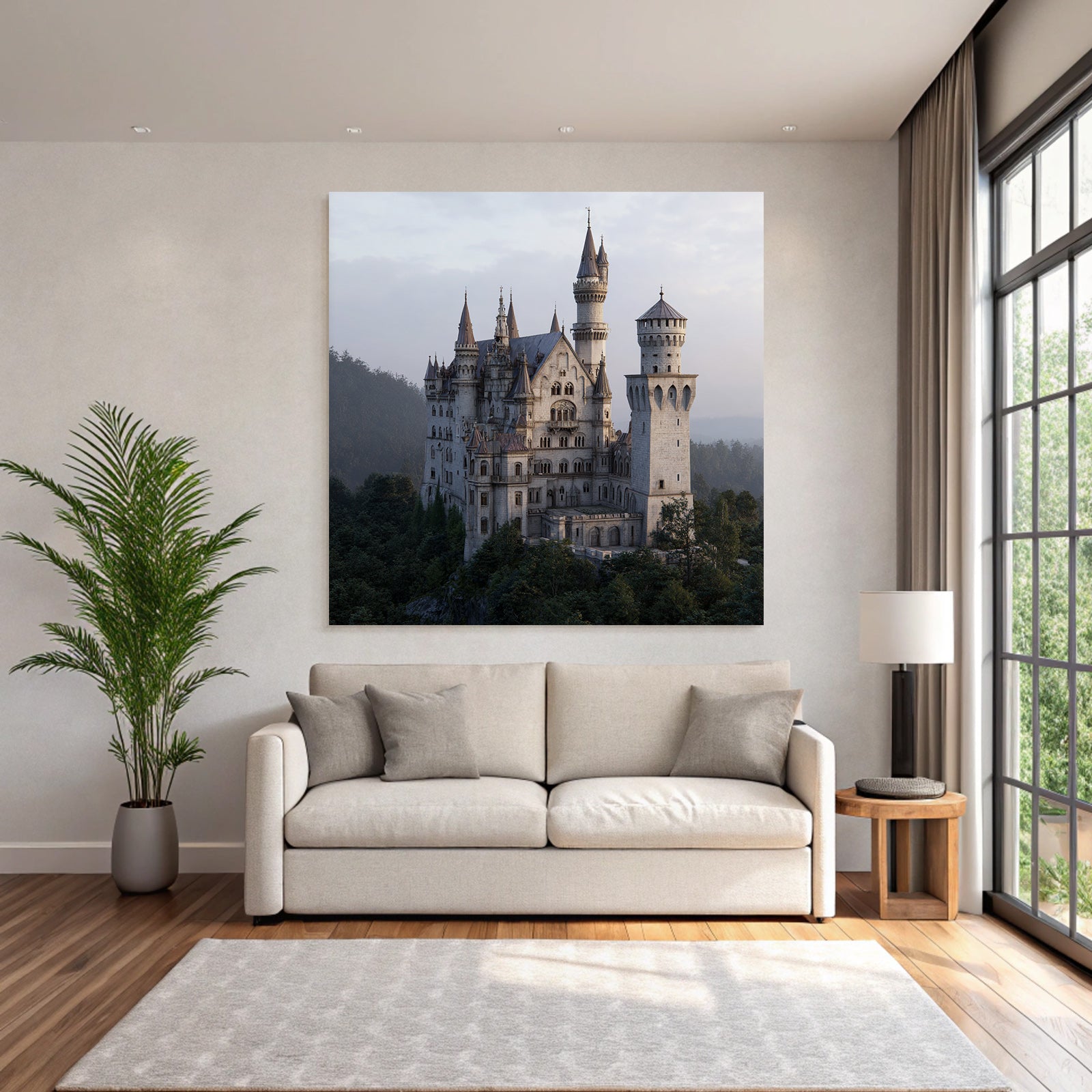 Large ornate castle on a rocky outcrop surrounded by trees and mountains