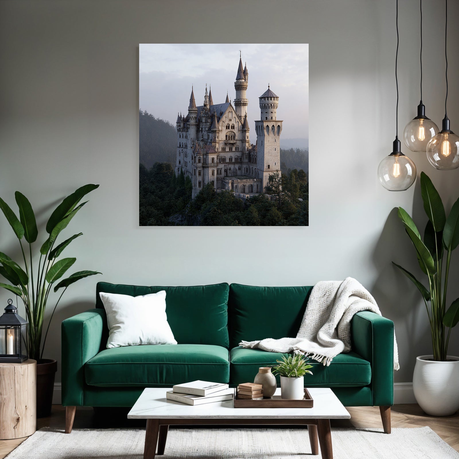 Large ornate castle on a rocky outcrop surrounded by trees and mountains