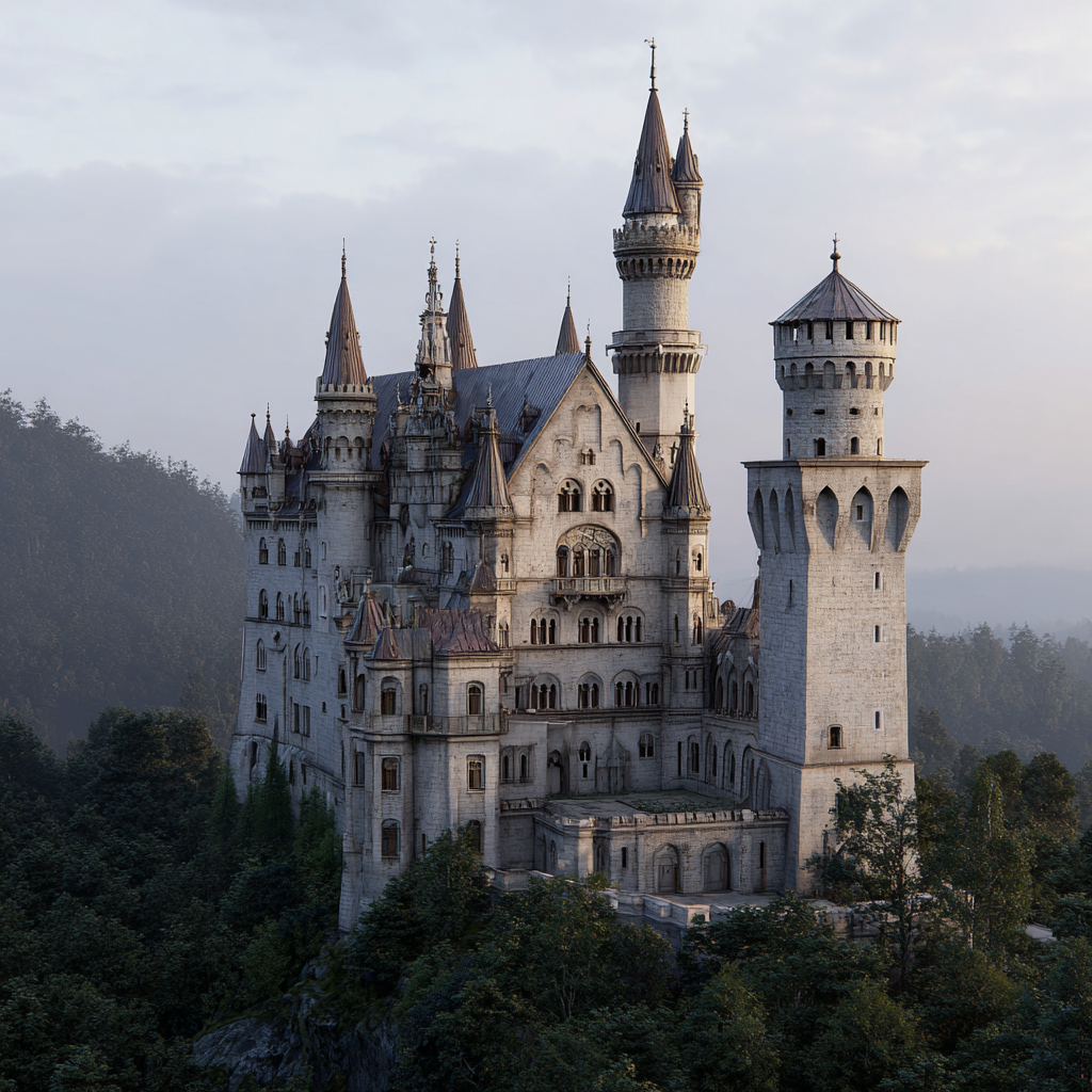 Grosses Ornate Schloss Auf Felsvorsprung Umgeben Von Bäumen Und Bergen | Scloesser und Burgen | Architektur