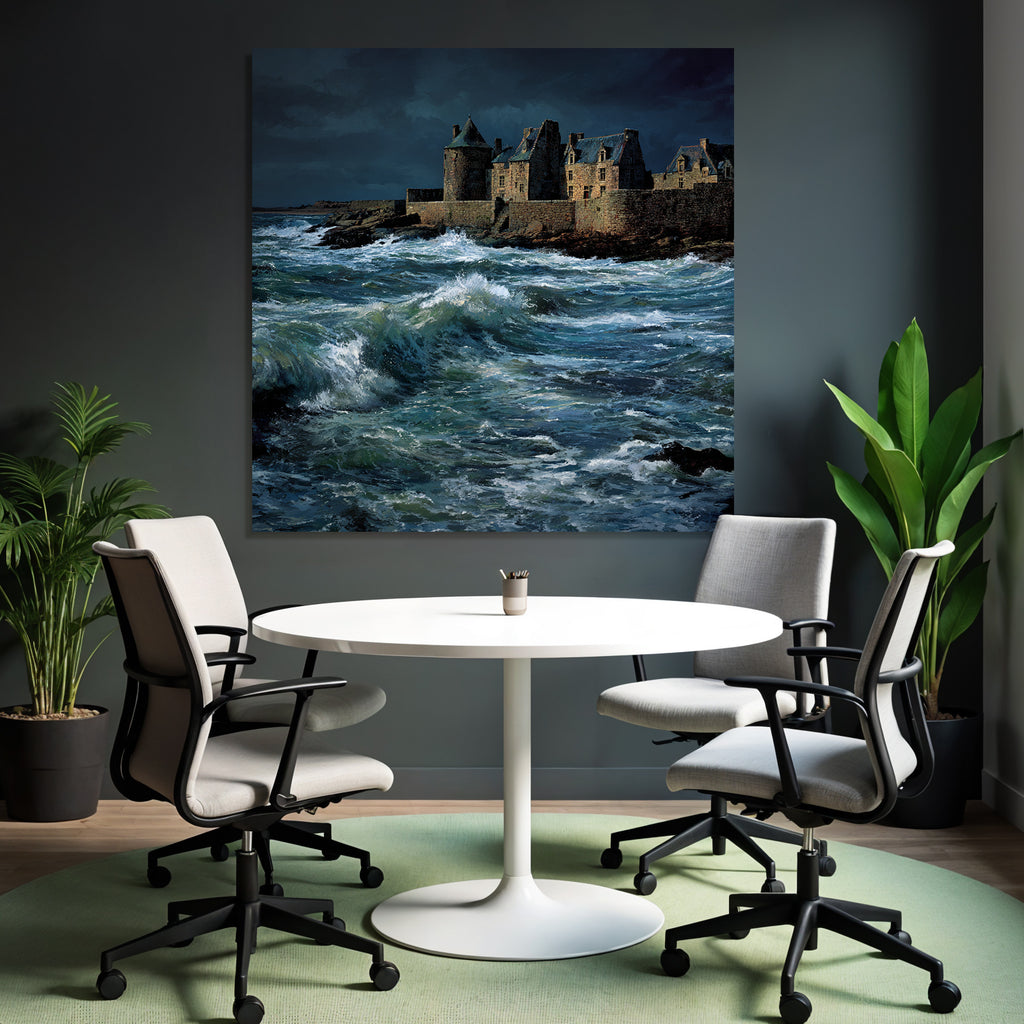 Coastal scene with turbulent waves and old building