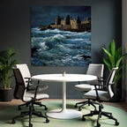 Coastal scene with turbulent waves and old building
