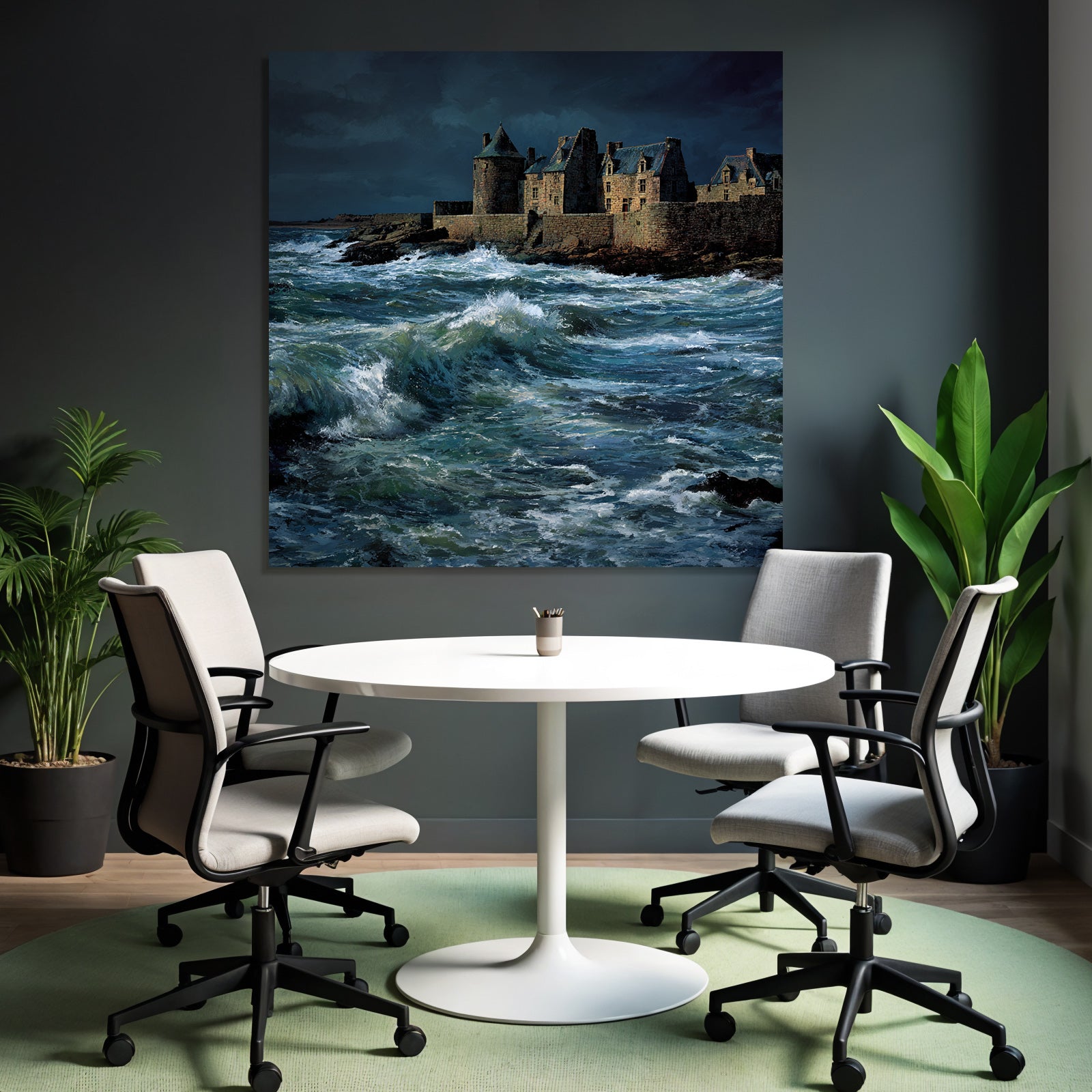 Coastal scene with turbulent waves and old building