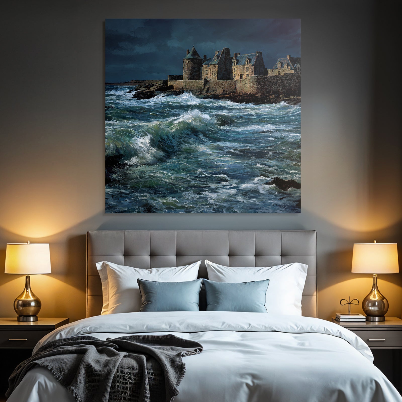 Coastal scene with turbulent waves and old building
