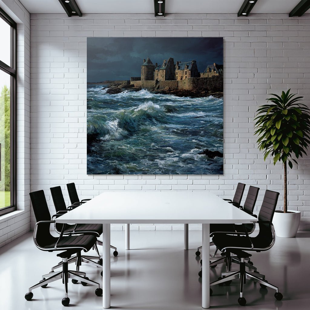 Coastal scene with turbulent waves and old building