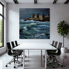 Coastal scene with turbulent waves and old building