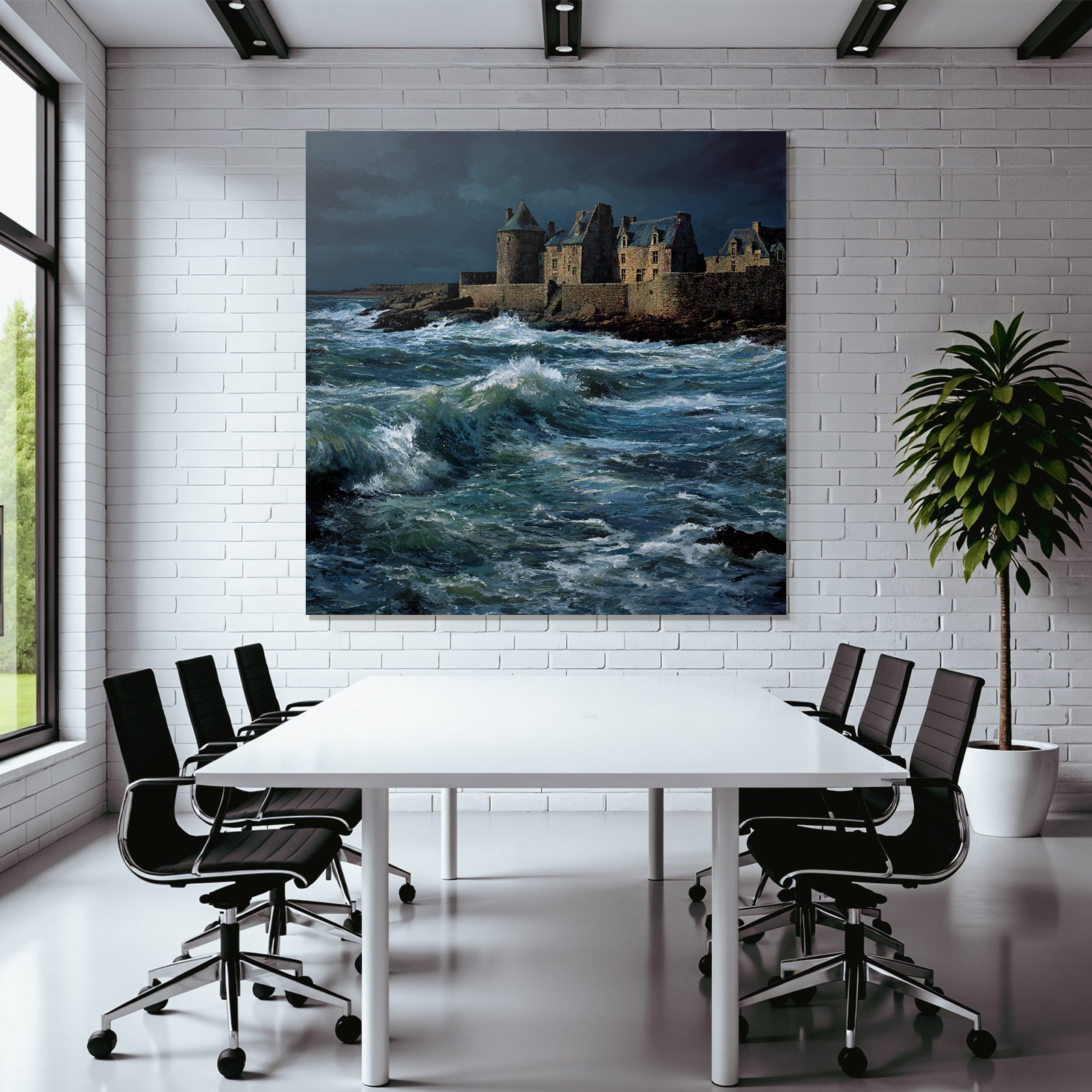 Coastal scene with turbulent waves and old building