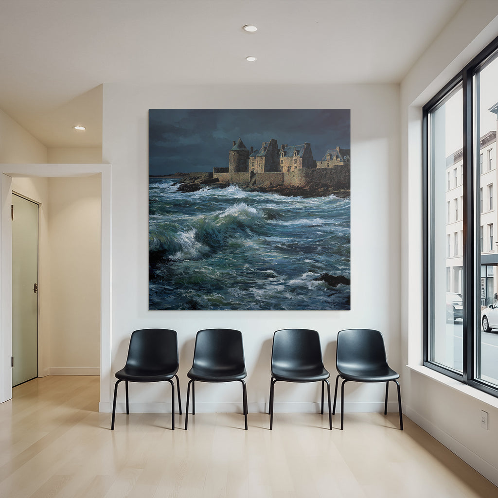Coastal scene with turbulent waves and old building