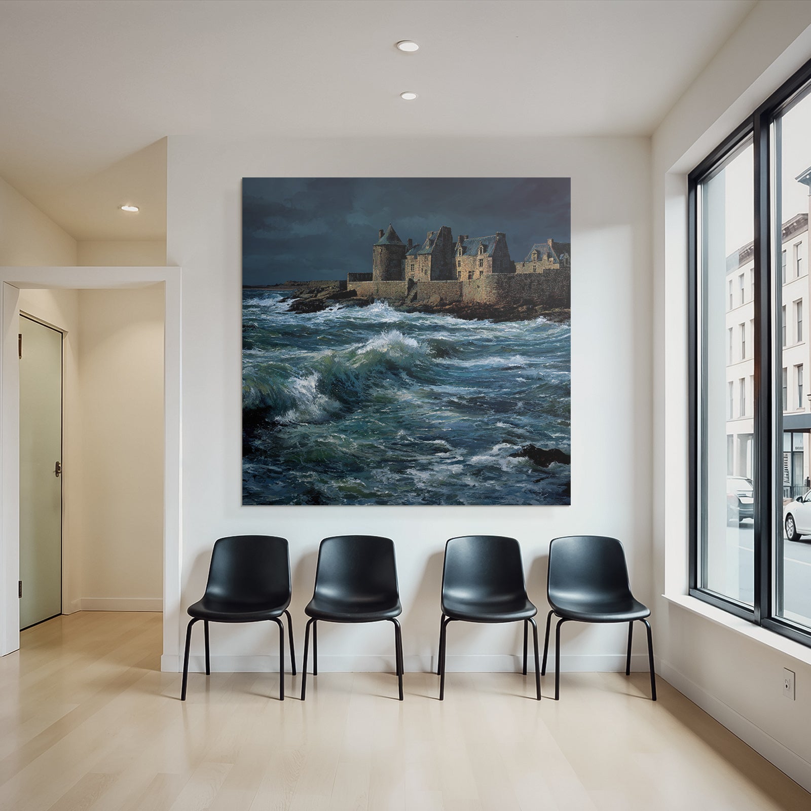 Coastal scene with turbulent waves and old building