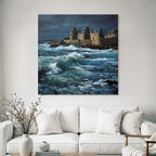 Coastal scene with turbulent waves and old building