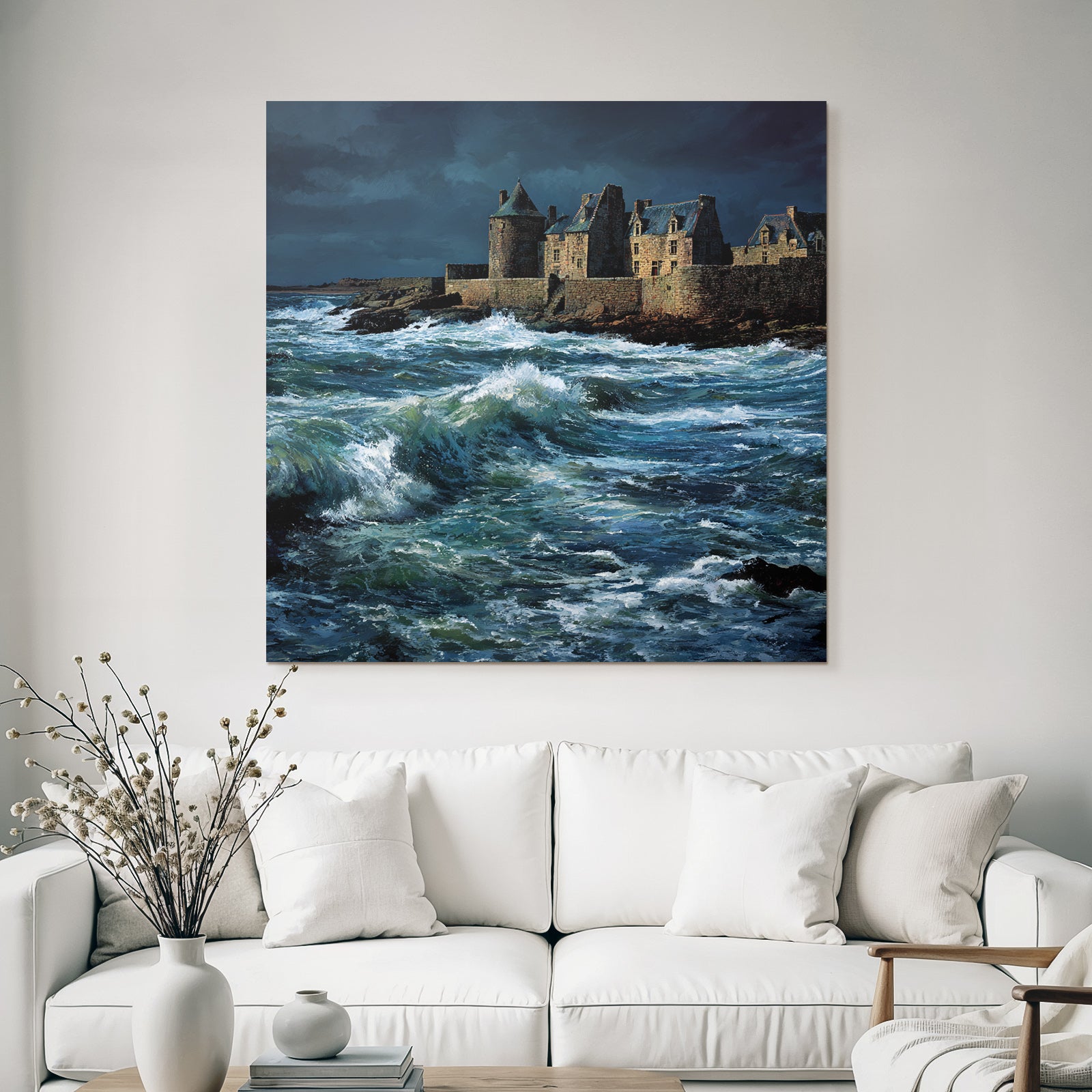 Coastal scene with turbulent waves and old building