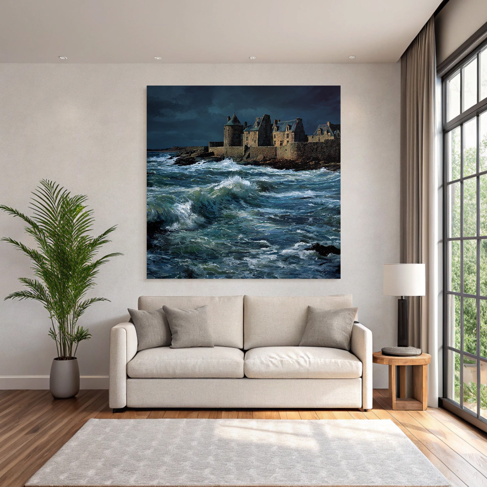 Coastal scene with turbulent waves and old building