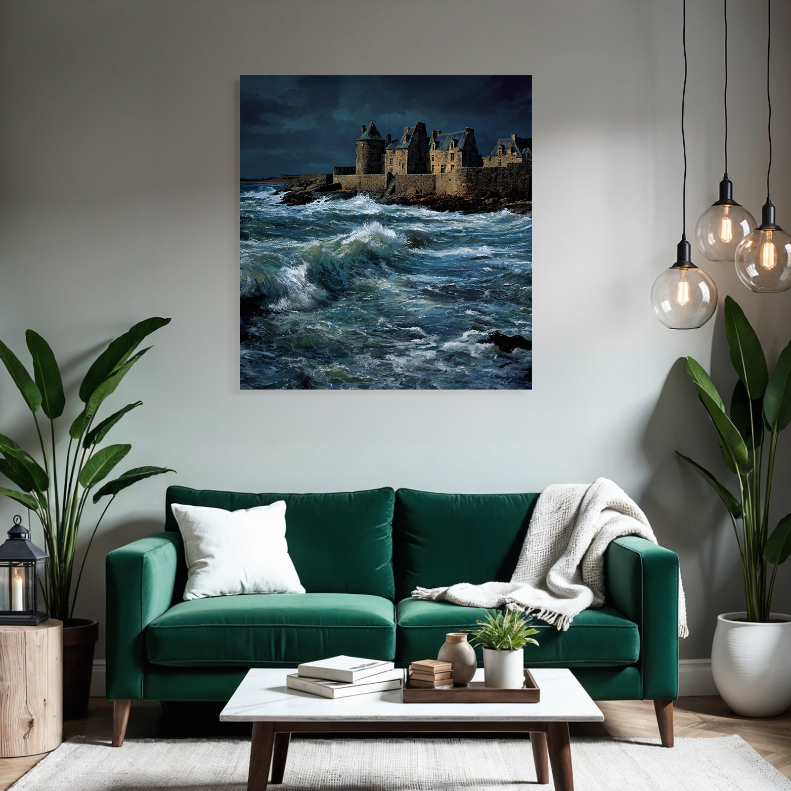 Coastal scene with turbulent waves and old building