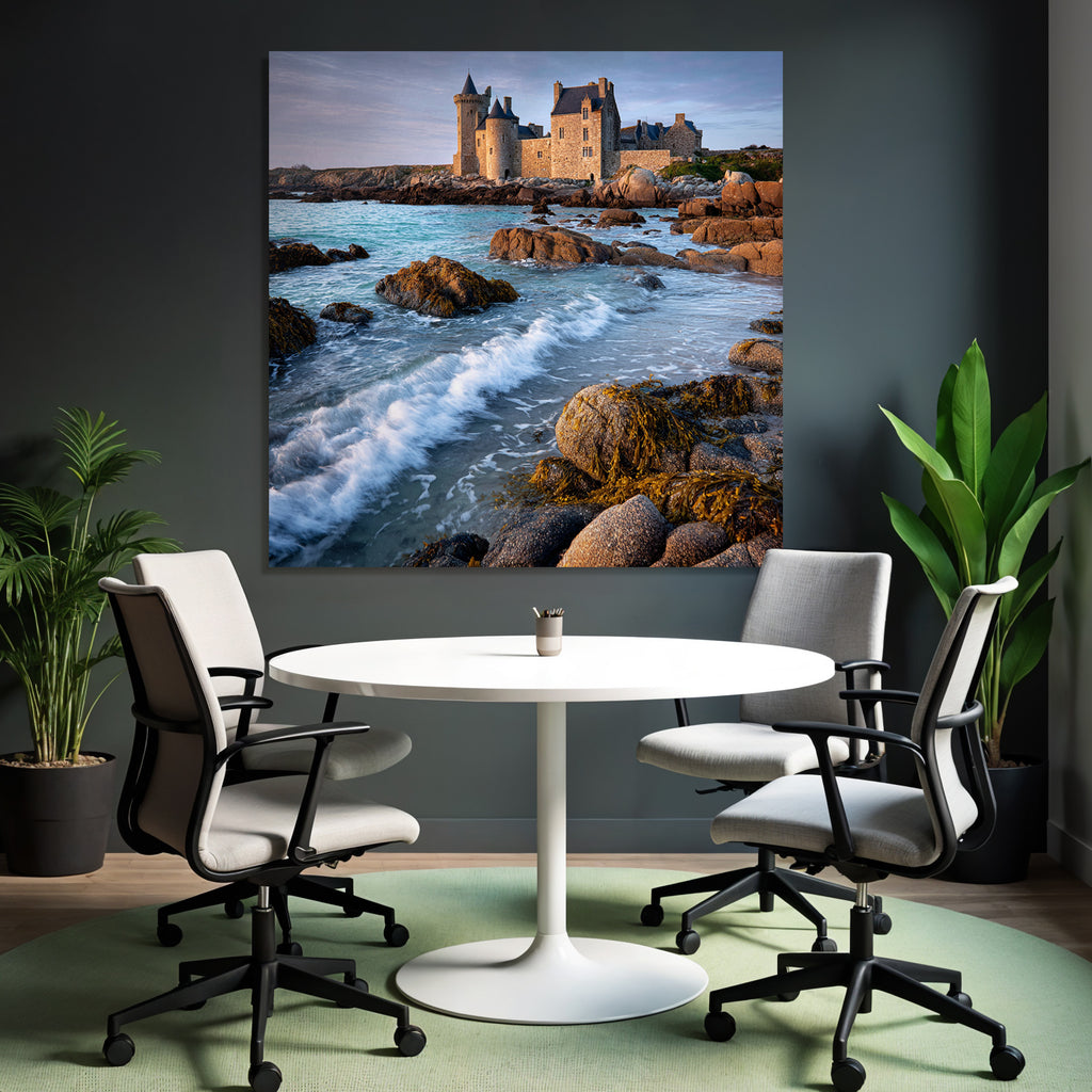Coastal stone building with towers and calming wash on the horizon