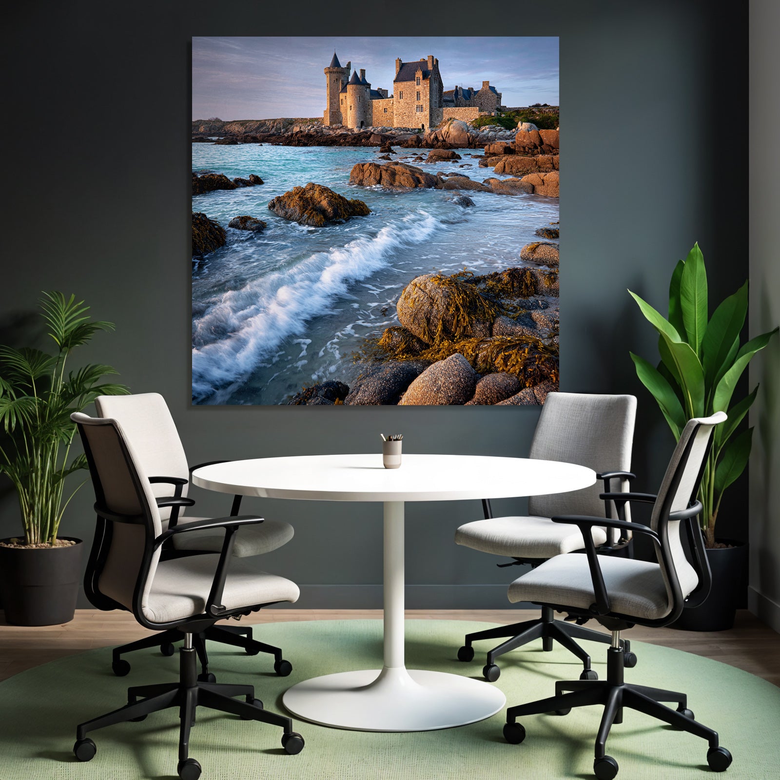 Coastal stone building with towers and calming wash on the horizon