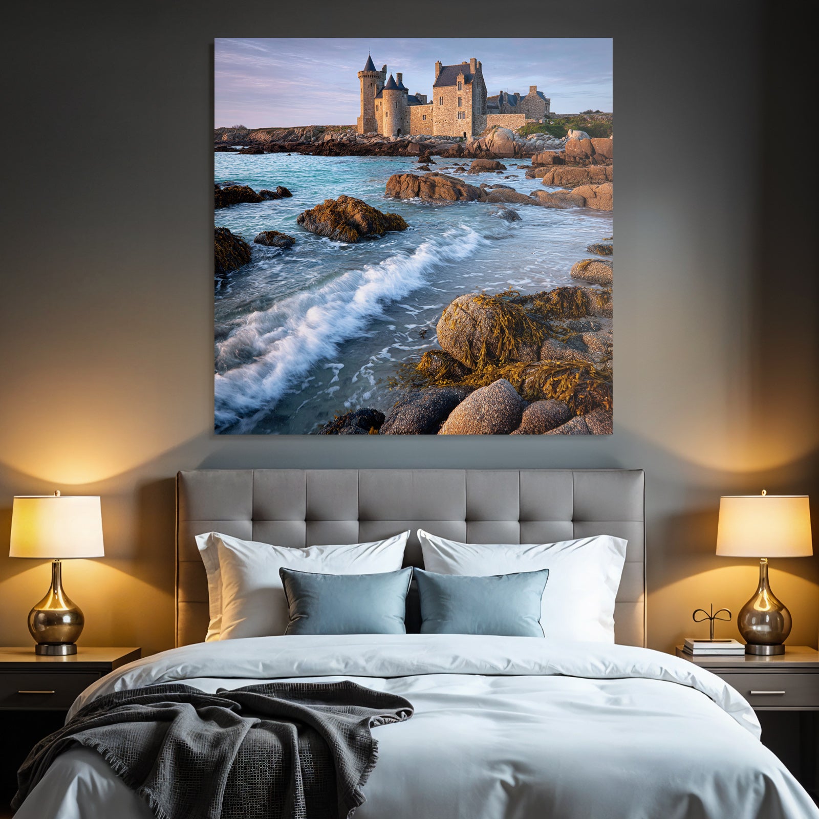 Coastal stone building with towers and calming wash on the horizon