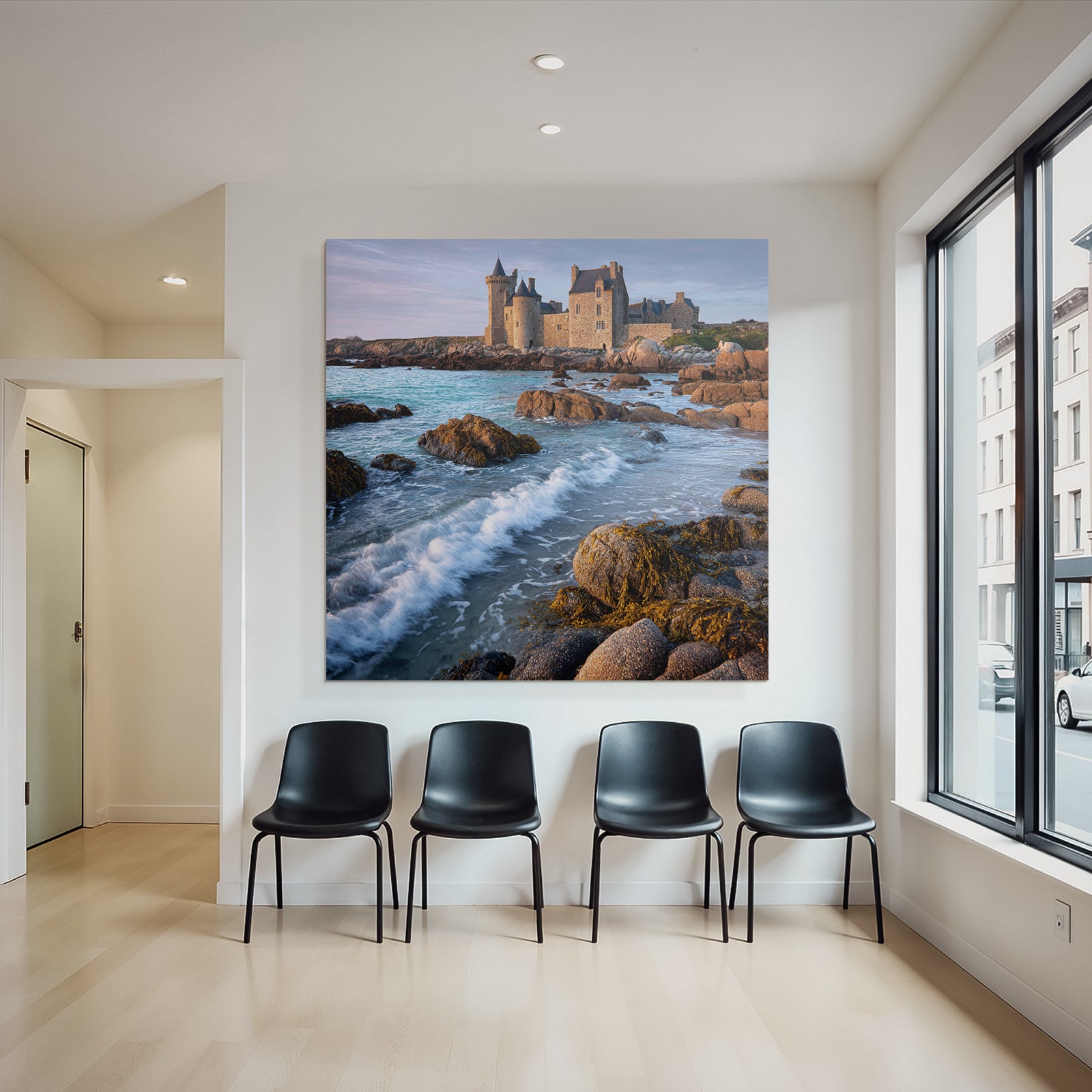 Coastal stone building with towers and calming wash on the horizon