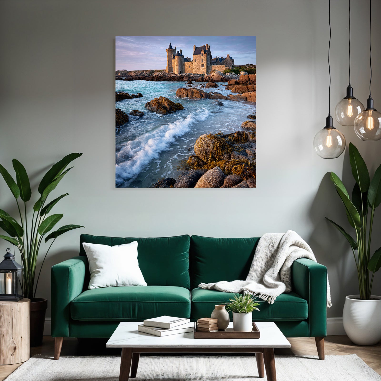 Coastal stone building with towers and calming wash on the horizon