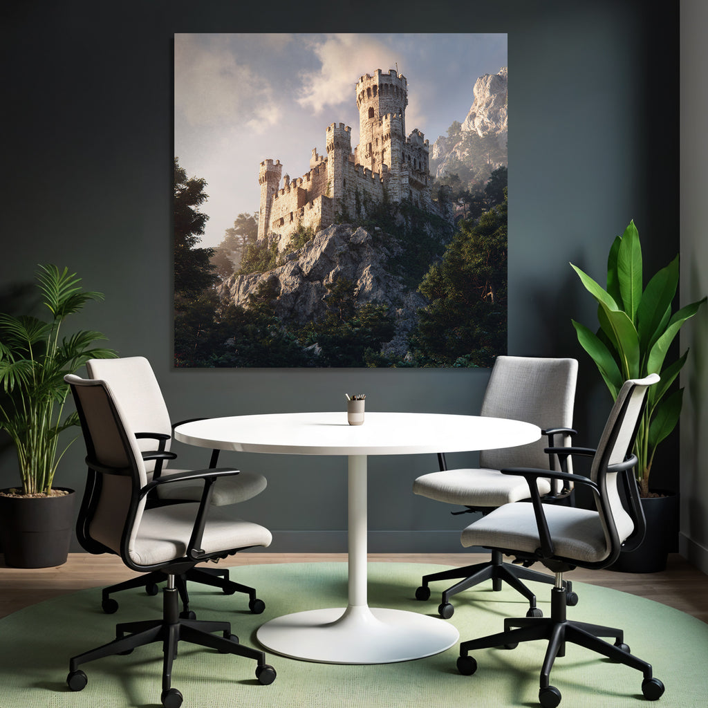 Majestic castle on rock in green with mountains background