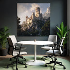 Majestic castle on rock in green with mountains background