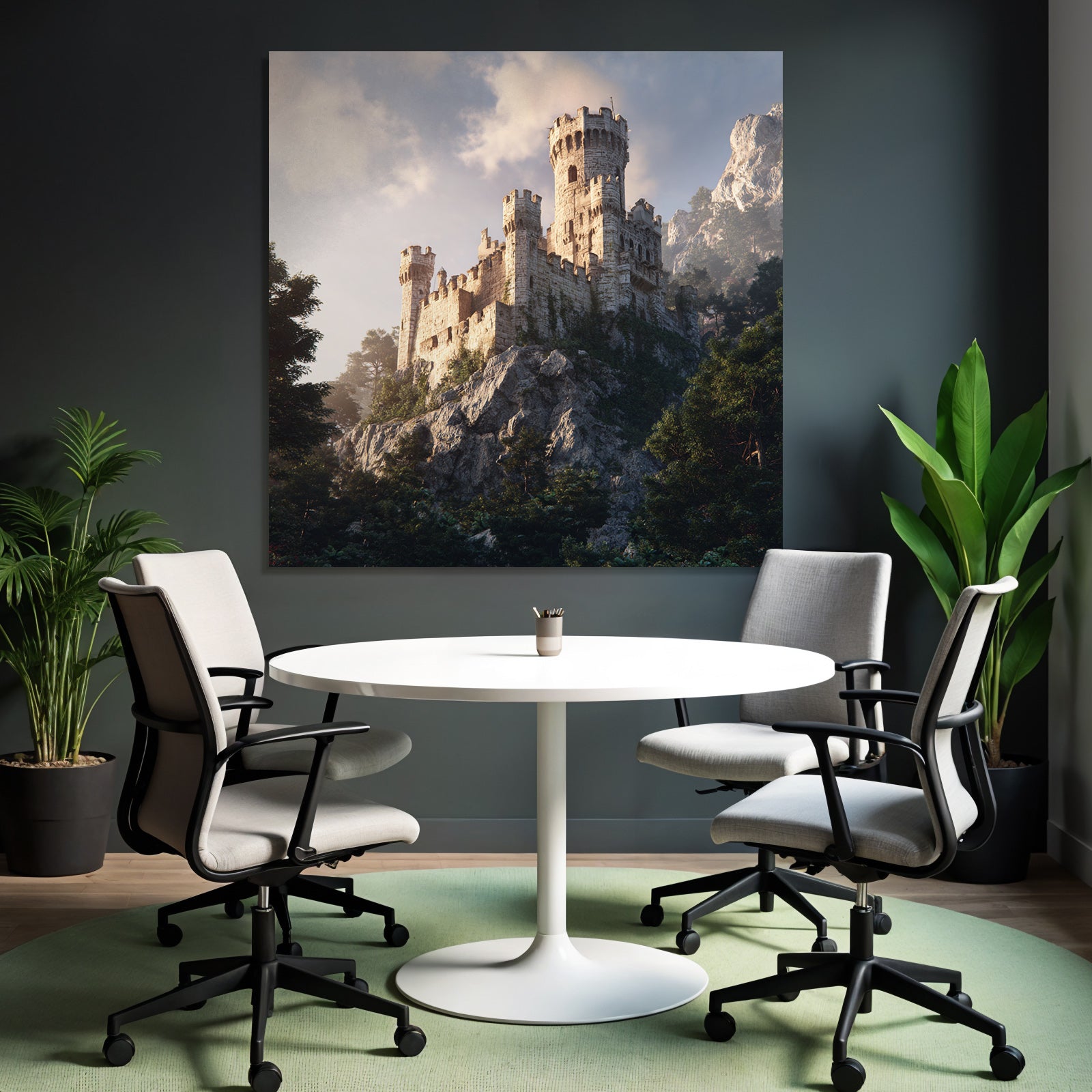 Majestic castle on rock in green with mountains background
