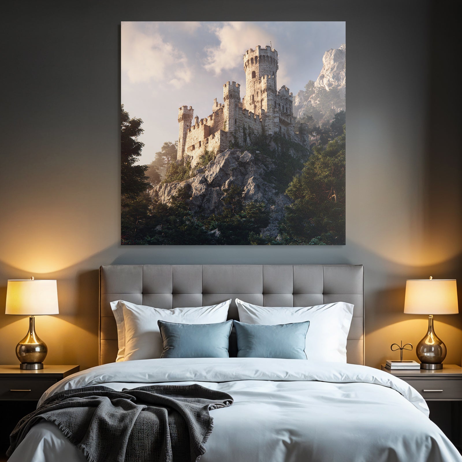 Majestic castle on rock in green with mountains background