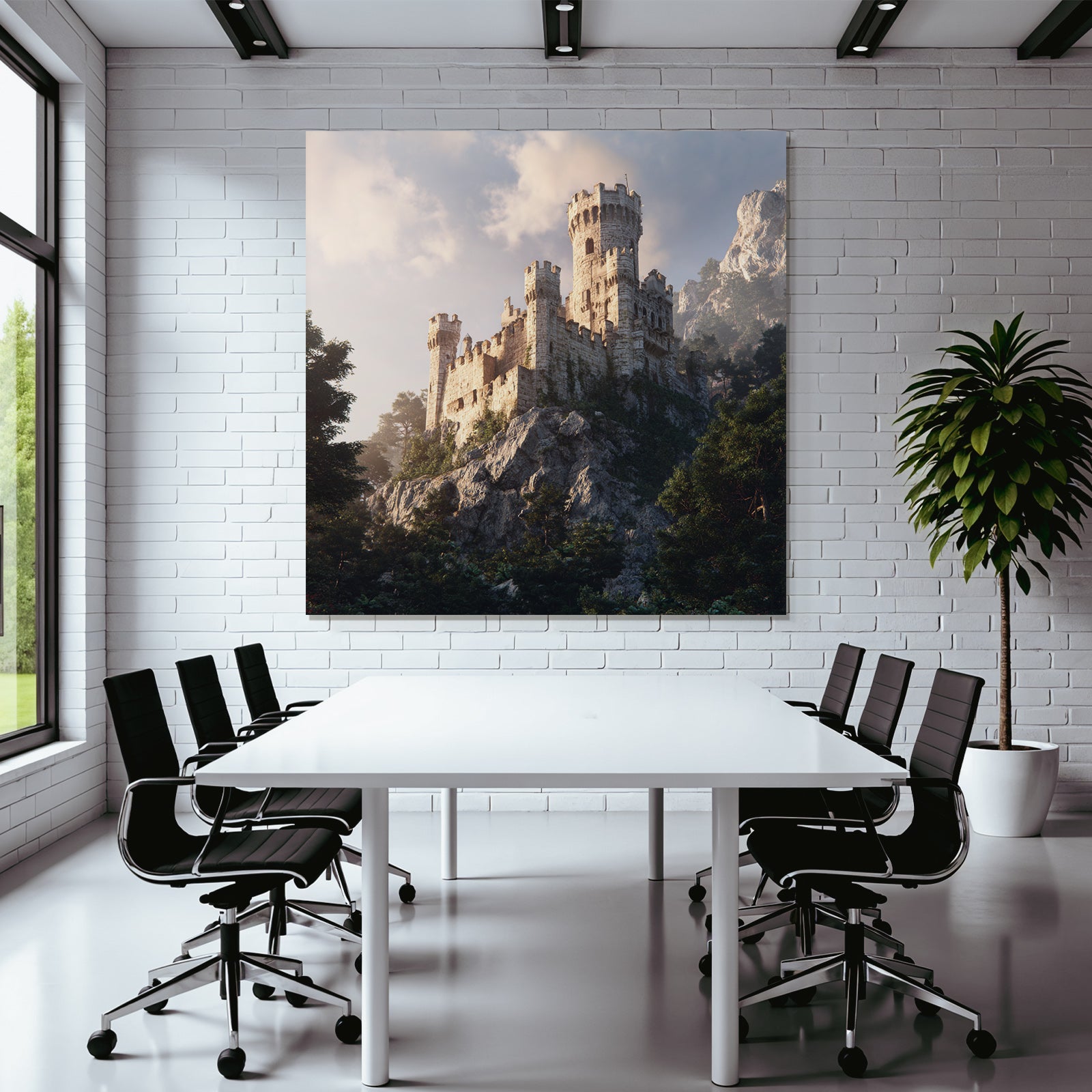 Majestic castle on rock in green with mountains background