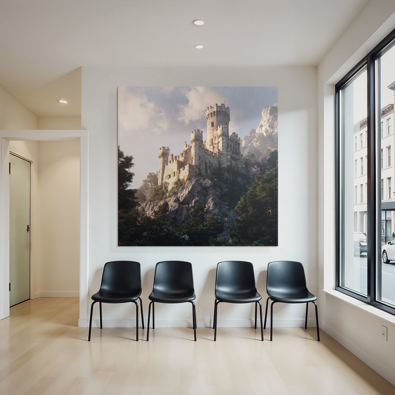 Majestic castle on rock in green with mountains background